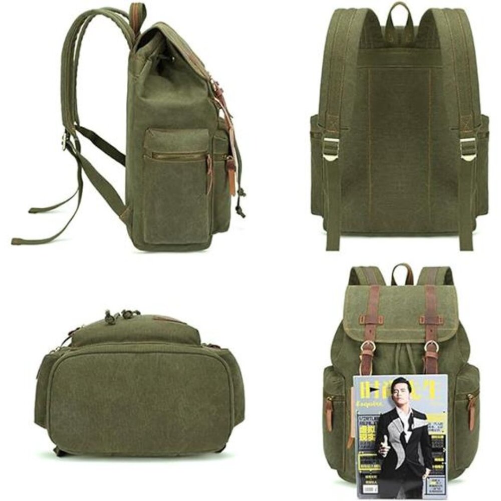 Retro Backpack Leather Trim Casual Light Green - Picture 3 of 6